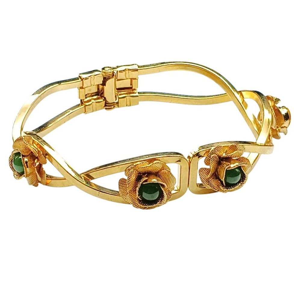 Vintage Gold Floral Bracelet with Green Gem Flower Accents on Clamper Style Band
